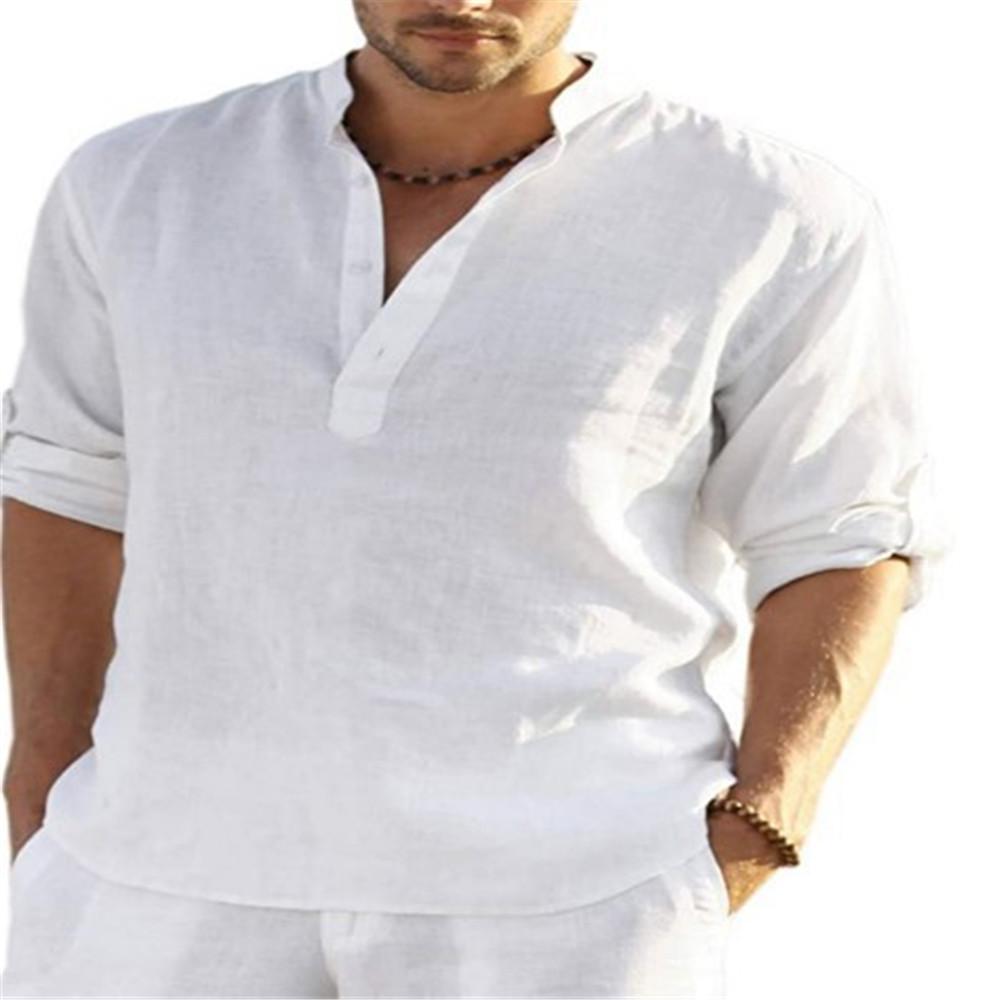 

Men s casual pure cotton solid color long-sleeved shirt loose stand-up collar shirt men s tide spot S белый