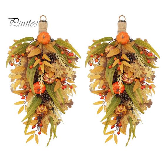 Autumn Door Swag Artificial Fall Teardrop Swag, Faux Pumpkins Berries Pinecones Leaves Indoor Outdoor Thanksgiving Ornaments Harvest Wreath for Front
