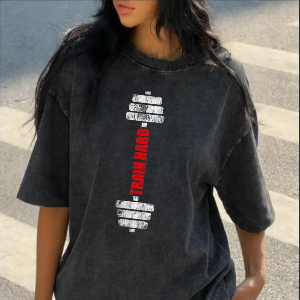 Washed Black Gym Barbell Graphic T-Shirt Eat Sleep Train Repeat Fitness Print Casual Crew Neck Top for Men Women