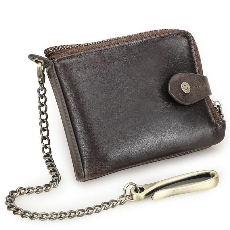Black Angel RFID Anti-Theft Men's Wallet with Cowhide, Chain, Zipper, and Fashion Buckle