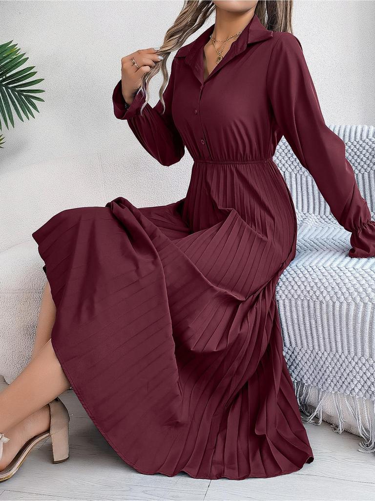 Abito a Colletto Reversibile Monocolore Abito Elegante Plissettato a Vita Alta per Donna Abiti Ampi a Maniche Lunghe Abito Casual