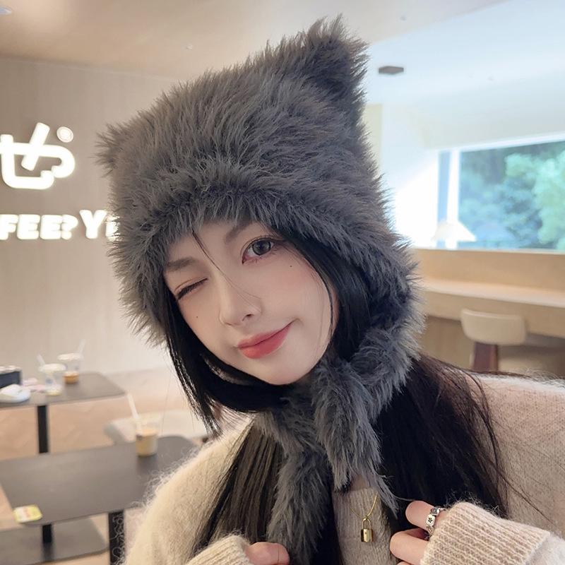 Autumn And Winter New Cute Plush Bear Hat Thick And Warm Imitation Rabbit Hair Windproof Ear Protection Cap