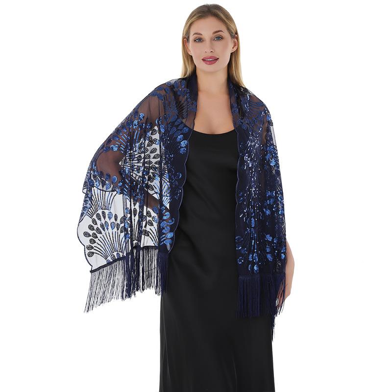 

60*190 см блестящий шарф с кисточками для вечернего платья, женские блестящие прозрачные сетчатые шали с пайетками 60*190cm темно-синий