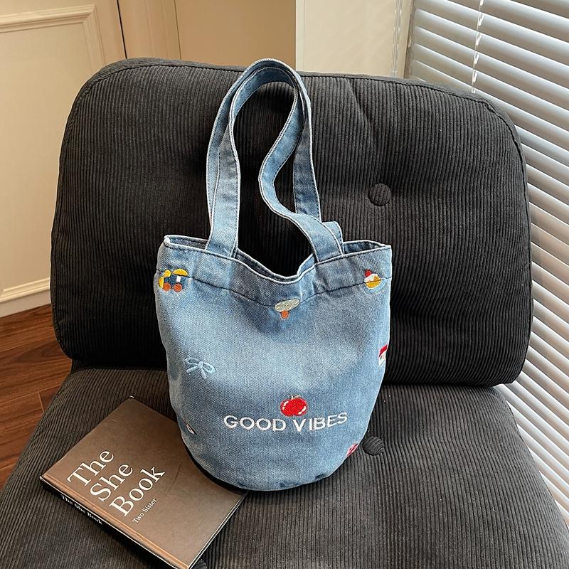 Large Capacity Denim Bag Women Embroidered Handbag Shoulder Bag