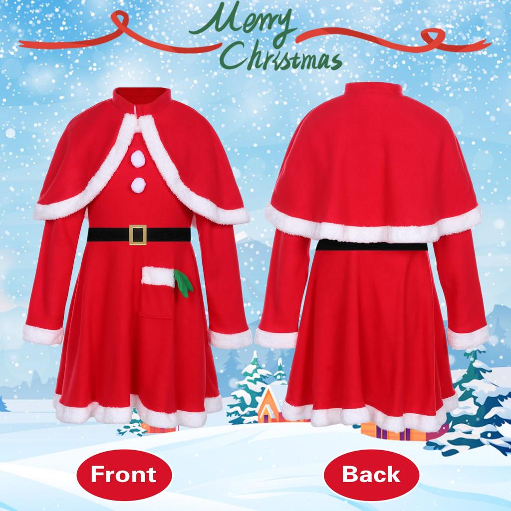Joyesplay Christmas Cosplay Kids Santa Dress Santa Claus Christmas Outfit for Santa School Stage Commemorative Gift 4-Piece Set, Costume, Girls,