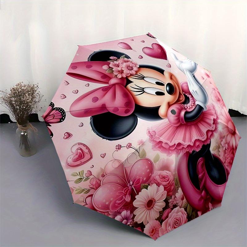 Minnie Mouse, Pink Floral Automatic Opening and Closing Umbrella, Compact Travel Umbrella, Lightweight and Portable, Suitable for Beach Comm