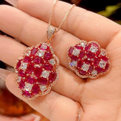 Popular Jewelry Copper Bottom Gold-Plated Simulation Red Corundum Micro-Inlaid Light Luxury Rose Gold Jewelry Set Women