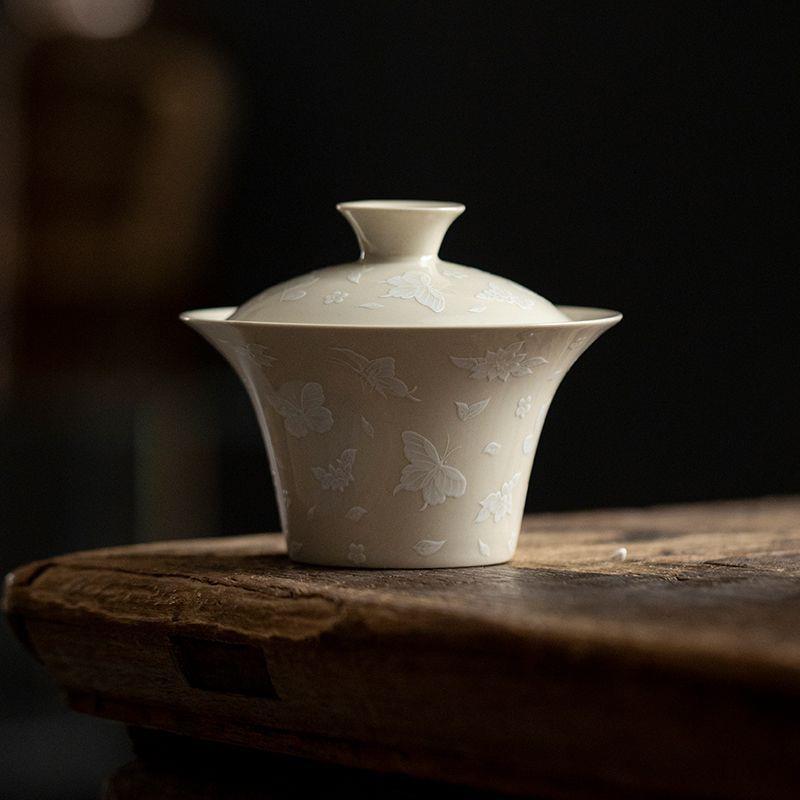 Fragrant Ash Butterfly Gaiwan: Elegant Ceramic Tea Set for Kung Fu Brewing