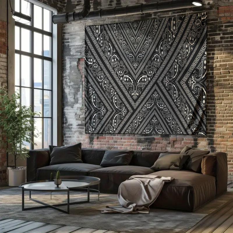 Black and White Geometric Pattern Hanging Cloth  Elegant Home Decor Wall Hanging Fabric