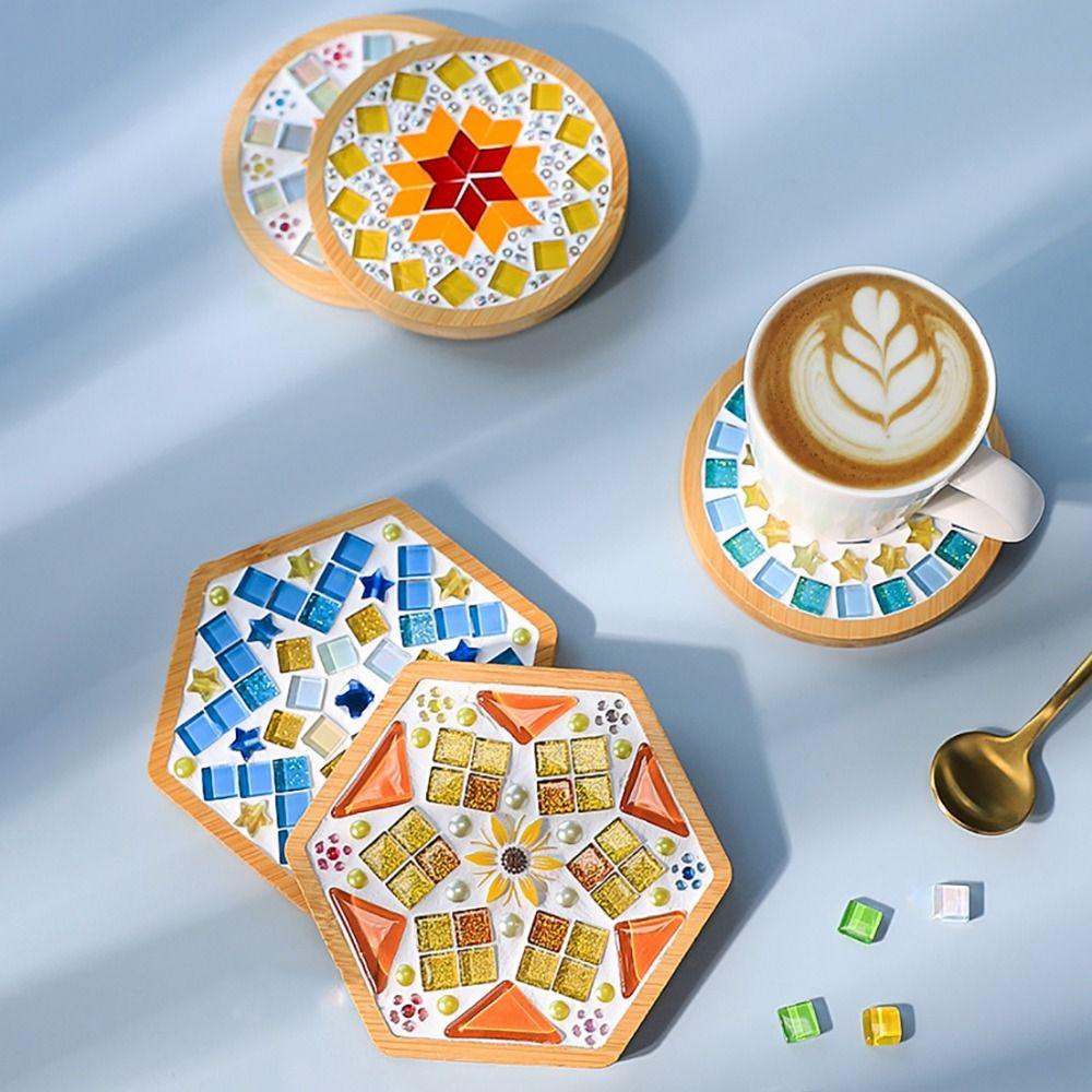 Square Round DIY Mosaic Cup Mat Mosaic Glass Bamboo Pad Creative Handmade Coaster  Toys