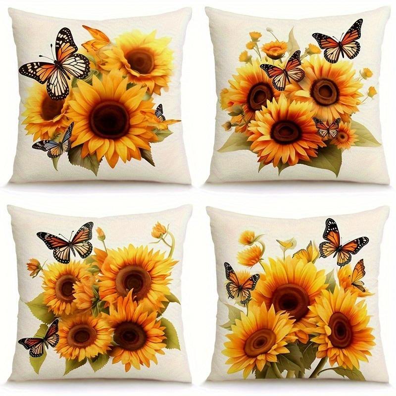 4-delige Realistische Stijl Zonnebloem en Vlinder Kussensloop Set, Levendige Kleuren Toevoegen aan uw Huis, Enkelzijdig Bedrukt Bank 40x40cm