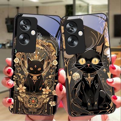 Black Gold Cat For Oppo A79 5G 58 78 74 60 4G Reno 11F Realme GT 6 11 Note 50 10 C55 X2 Tempered Glass Black Phone Case