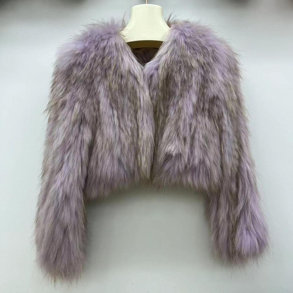 Real Raccoon Fur Braided Jacket Short Length 40cm Double-sided Encryption Slim Young Winter Tops Women's Coat