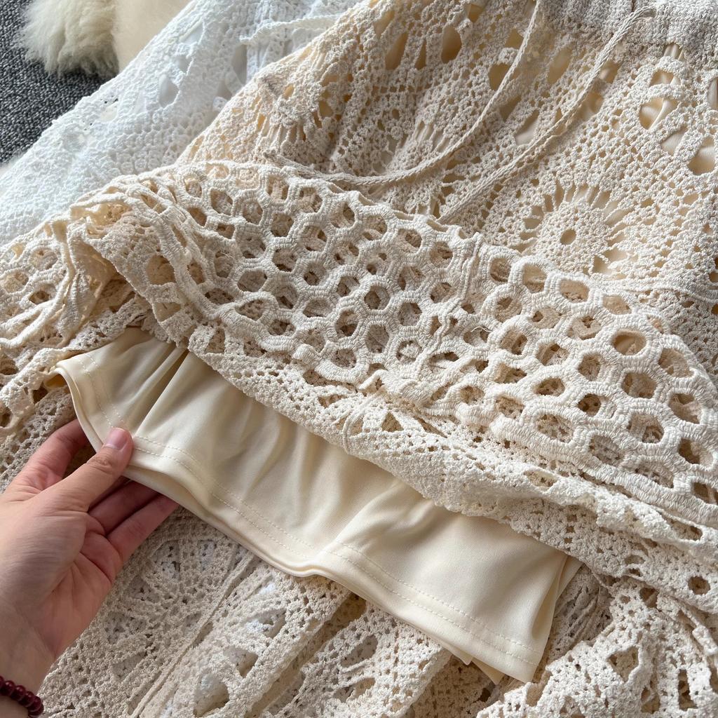 Summer Lace Patchwork A-line Skirt Women Knitting Lace Long Solid Hollow Out Sexy Hollow  Style Loose Basic