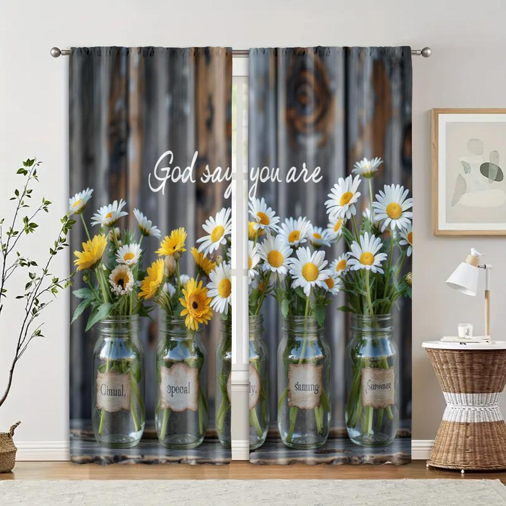 

2 pcs, filtering curtains (excluding rods, non-movable, without batteries) Country Wind Daisy and Butterflybackgroundsuitable 29x65in(75x166cm)