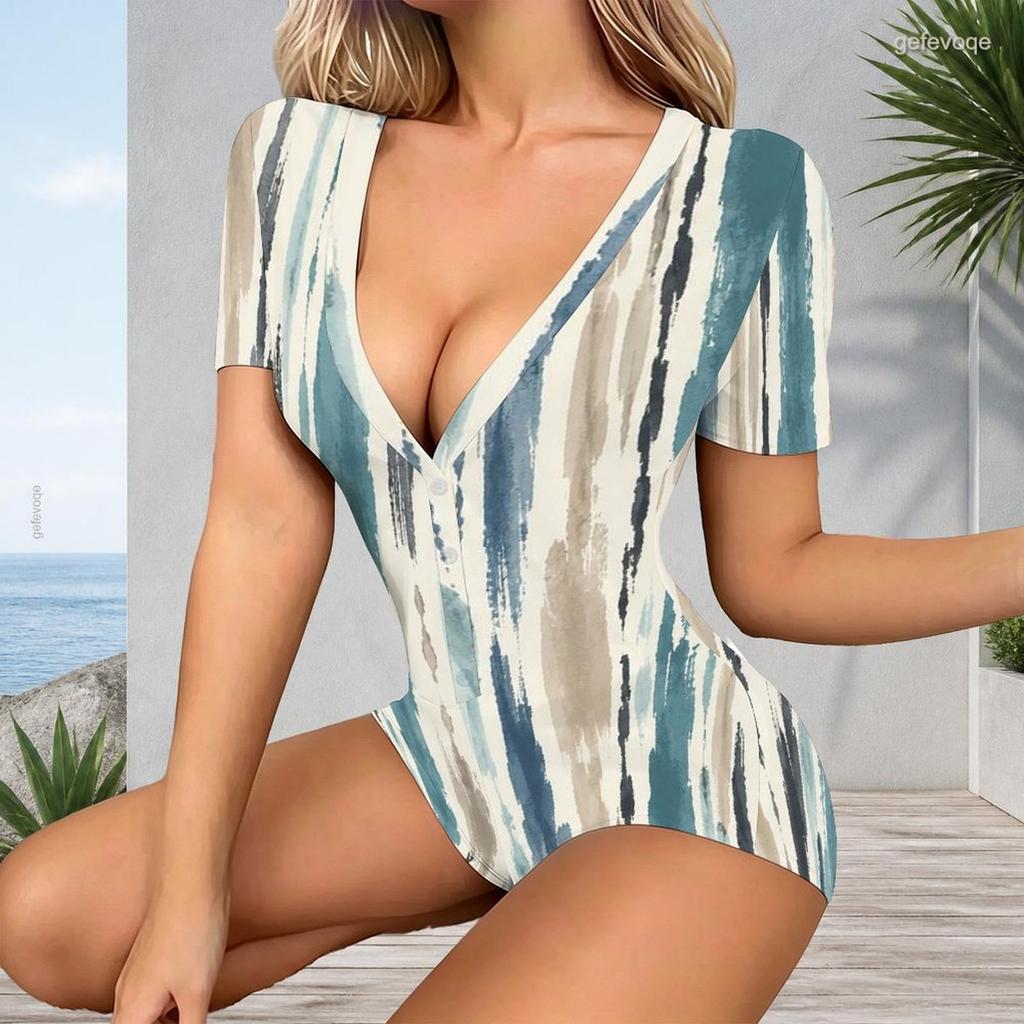 Women Plus Size Black White Printed Romper V Neck Short Sleeve Button Front Fitted Waist