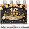 Golden 16th Birthday Banner, Balloons Photo Backdrop Wall Decor for Party