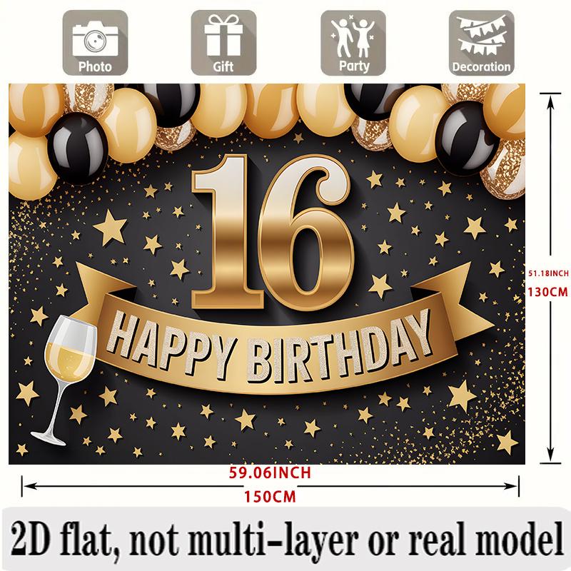 Golden 16th Birthday Banner, Balloons Photo Backdrop Wall Decor for Party