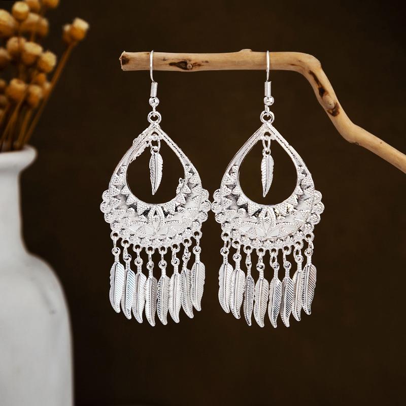 Miao geometric bells, fringed earrings, minority earrings, bohemian long leaf earrings