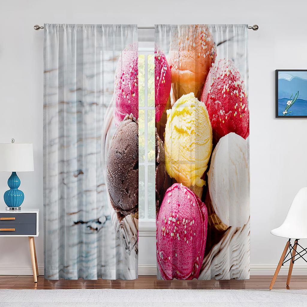 Ice Cream Sheer Voile Curtain Taste of Summer Theme Chocolate Candy Window Tulle Curtains for Living Room Bedroom Decorations