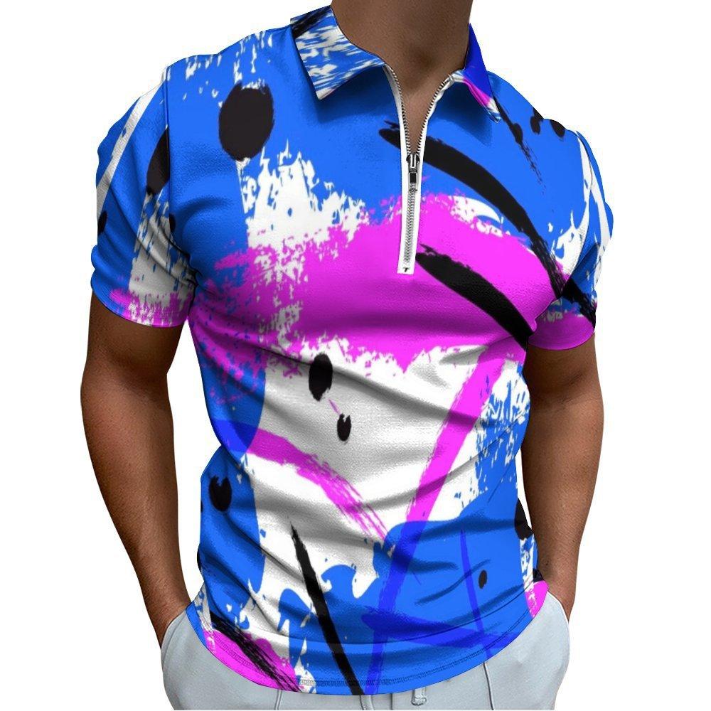 Vibrant Print Short Sleeve Zip Neck Polo, Casual Daily Top