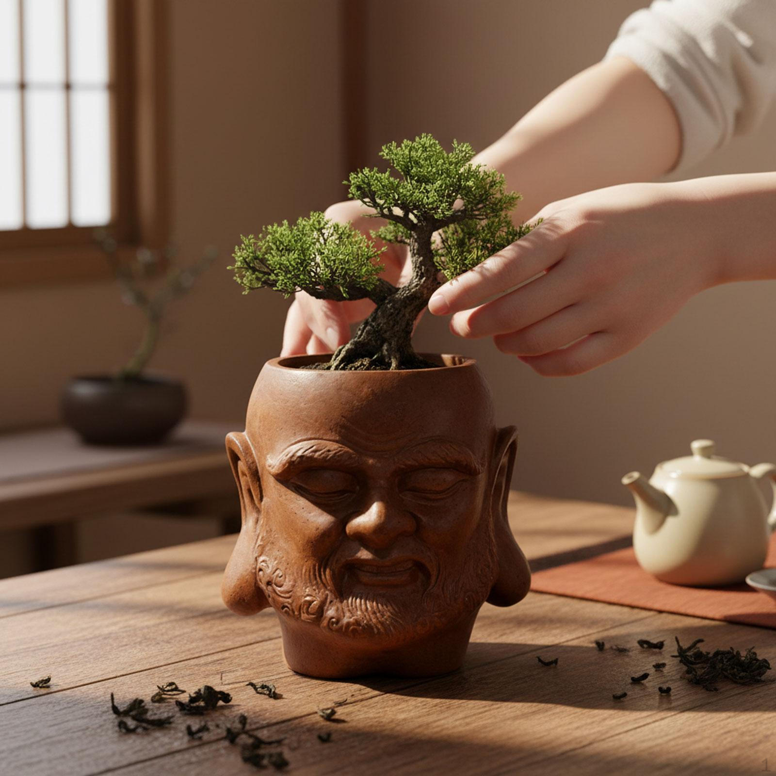 

Buddha Head Flower Pot Chinese Figurine Decoration Container Traditional for Home Desktop Office коричневий