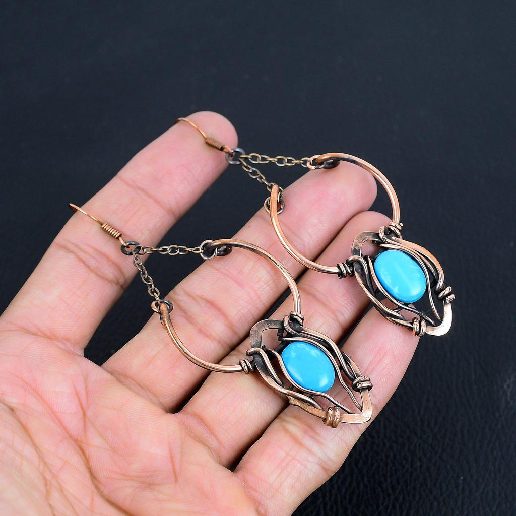 Sleeping Beauty Turquoise Earrings, 999 Copper Wire Wrapped Gemstone Jewelry, Handmade Earrings, For Thanksgiving