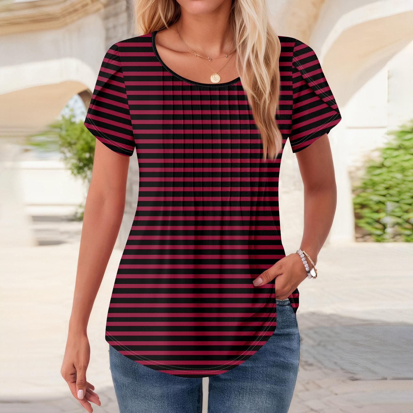 

Женские топы с коротким рукавом и круглым вырезом, летние рубашки с цветочным принтом, блузки для женщин, нарядные повседневные XL винный