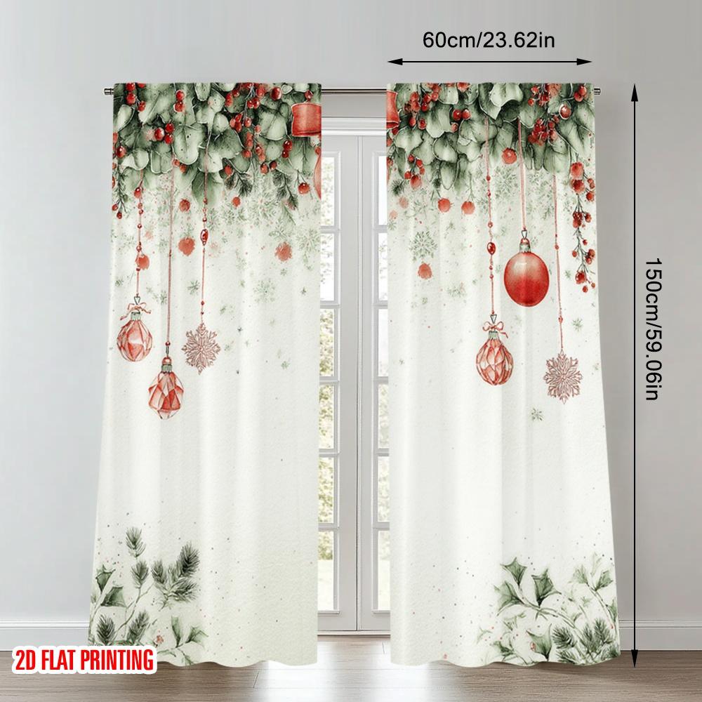 2pcs 2D flat printing Christmas Party Curtains Christmas Wreath Red Baubles Digital Printed Polyester Drapes Festive Wall Decor