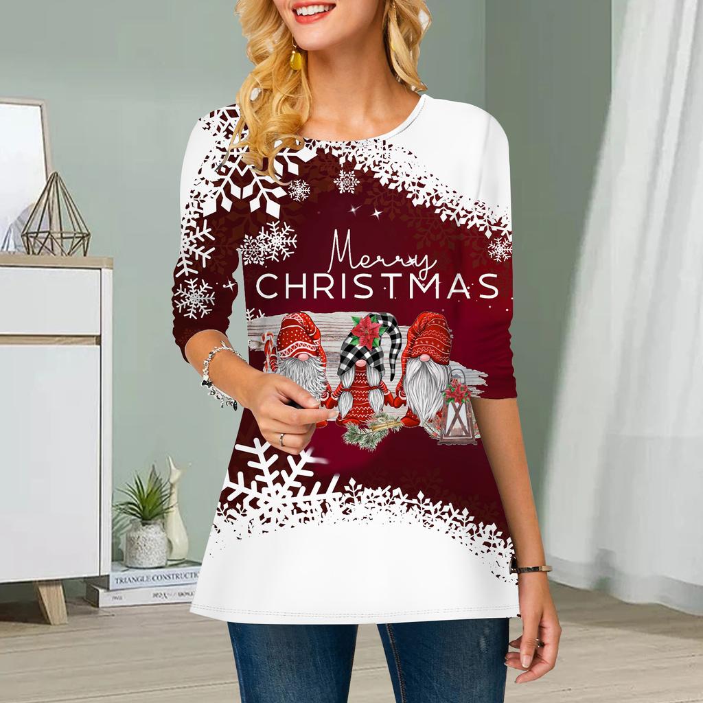 Plus Size Women Flower Elk Deer Print Round Neck Casual Loose Long Sleeve Top