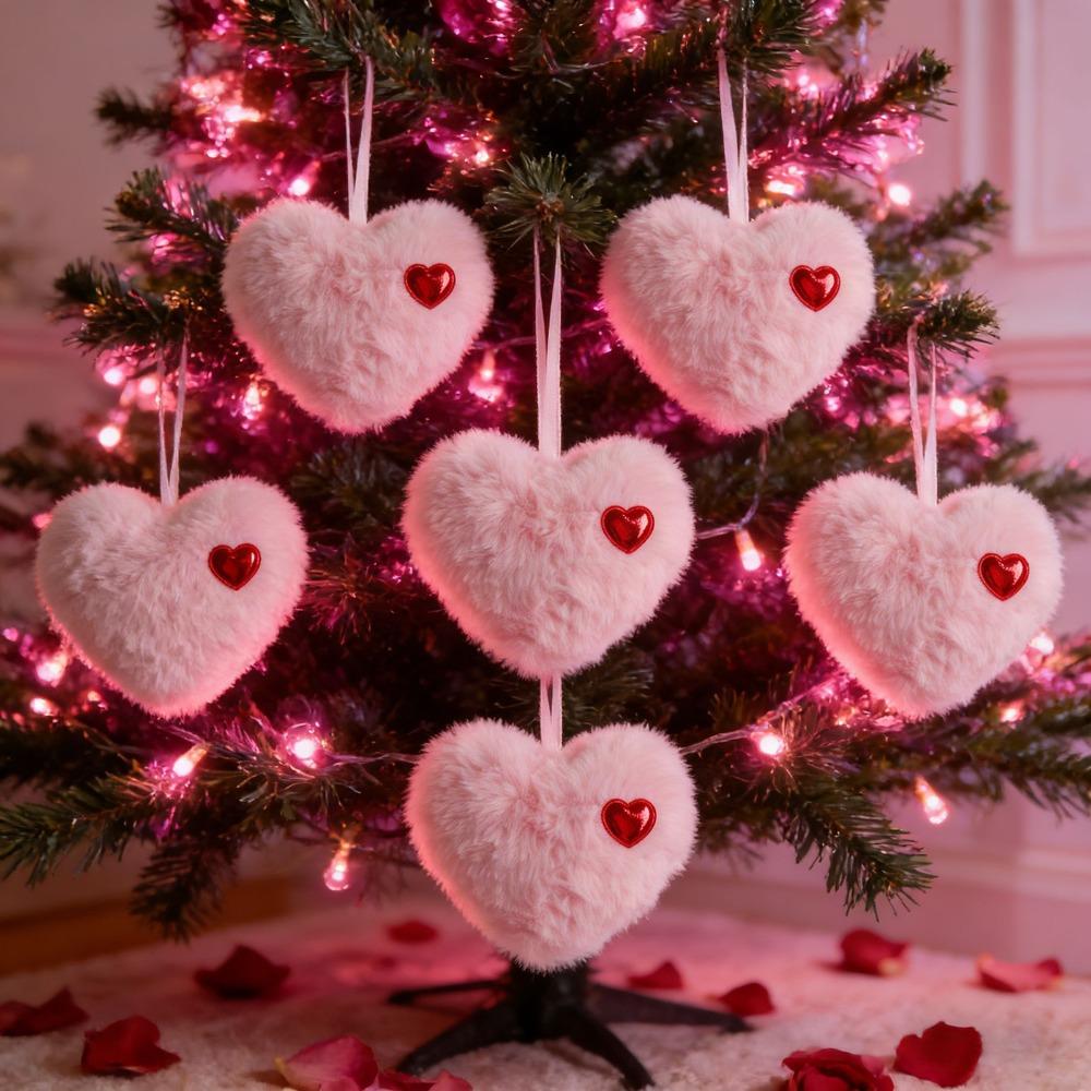 6pcs Colorful Fluffy Heart Christmas Balls Ornaments Handmade Bag Charms Green Furry Elf Balls Pendant with Red Hearts
