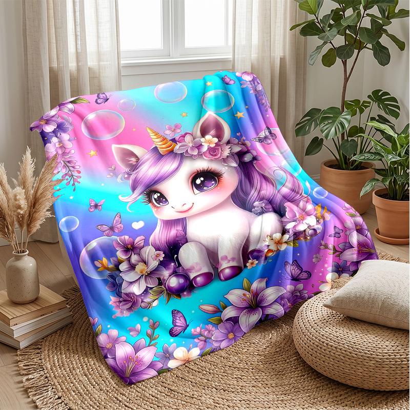 Fantasy Unicorn with Flowers Theme Blanket Lightweight Warm Flannel Blanket Decorative Throw Blanket for Home Decoration