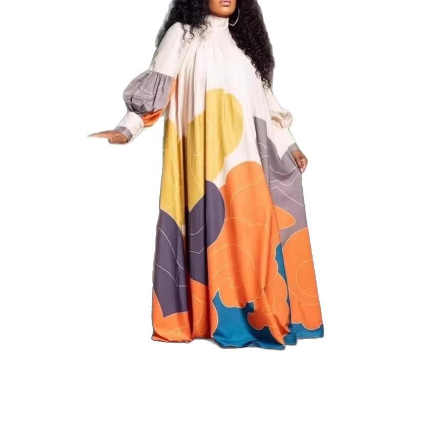 Holiday Style Stand-up Collar Back Neck Water Drop Hollow Button Lantern Long Sleeve Loose Pendulum Silhouette Full Body Print Dress