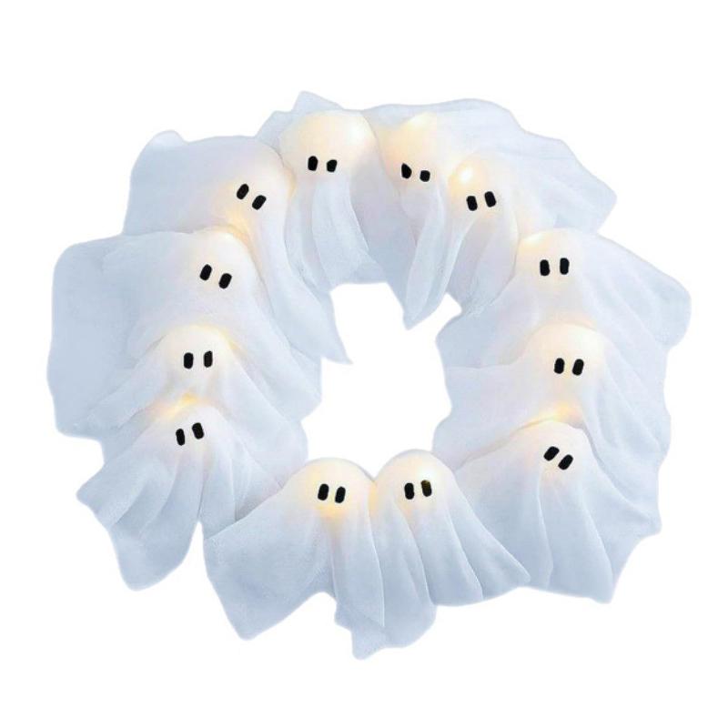 Halloween Ghost Wreath, 12 Led Light-Up White Ghost Garland, Spooky Indoor & Outdoor Hanging Decoration For Front Door, Wall