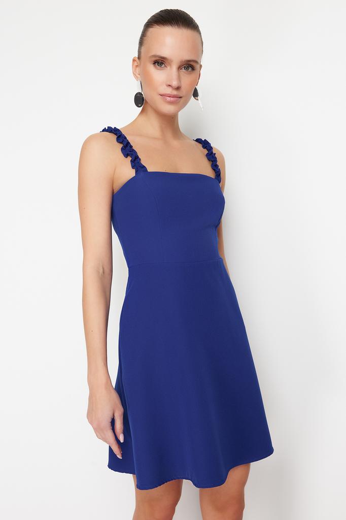 Women's Dress New Season Fashion Indigo A-Line Square Collar Strap Detailed Mini Woven Dress