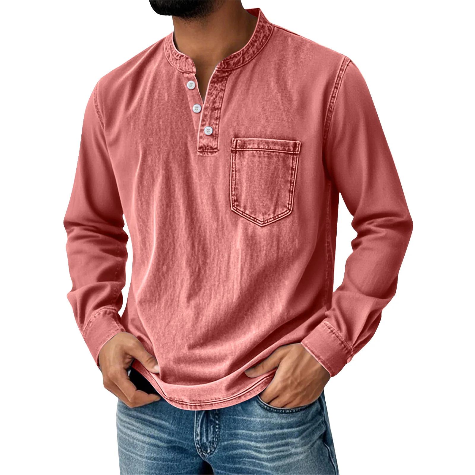 FX Men Heren Henley T-shirt met lange mouwen Vintage Gewassen Denim Casual Top Knoopsluiting Ronde Hals Losse Pasvorm Dagelijkse Streetwear voor Mannen L roze