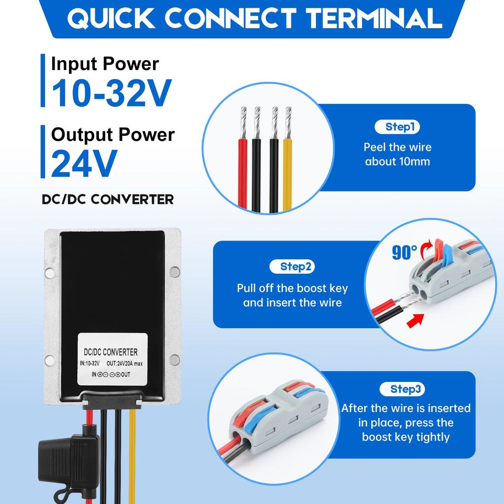 Boost To 480W High with Fuse Power Supply for Golf and LED Light Bars DC-DC Converter, 10-32V 24V, 20A, Output, Protection, High-Efficiency Step-Up