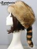 Faux Fur Hat, Round Flat Top Hat Autumn and Winter, Raccoon Tail Fluffy Warm Earflap Hat for Women