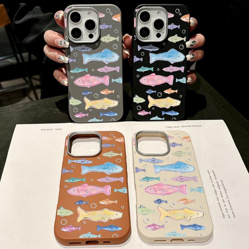Cute Little Fish Phone Case For iPhone 16 Cases for iPhone 15 14 13 Pro Max 16e Magnetic For Magsafe Wireless Charge Leather Texture Silicone Cover