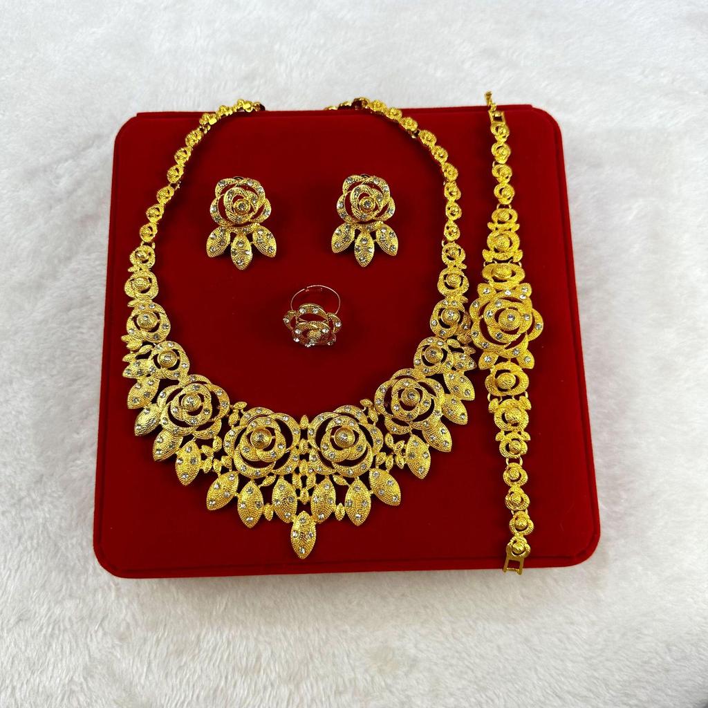 24K Gold-Plated Bridal Jewelry Set: Necklace & Earrings, Middle Eastern Wedding Style, Dubai Four-Piece Set