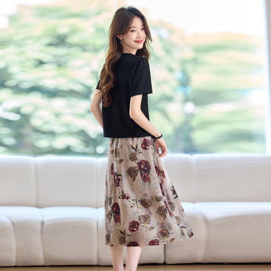 Women's Fashion Suit Skirt Summer New Short-sleeved Sequined Top Shirt with Skirt Two-piece Set