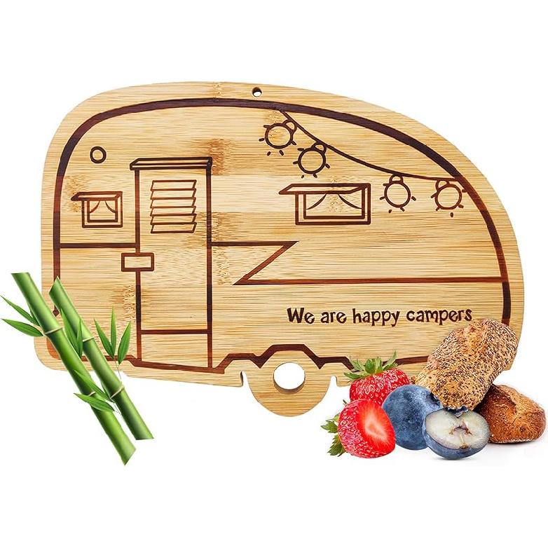 Happy Camper Bamboo Large Cutting Board, Rv Wooden Stove Top Cover Noodle Board,Meat Cutting Board for BBQ, Carving Board for Turkey,Large small