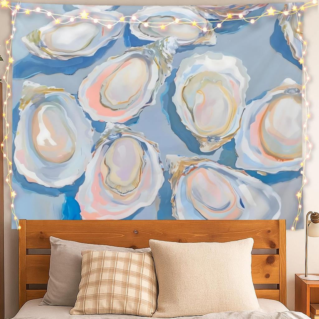 Blue Oyster Shell Tapestry Coastal Ocean Wall Art Beachy Bedroom Decor for Teen Girls Dorm 50x60 Inches