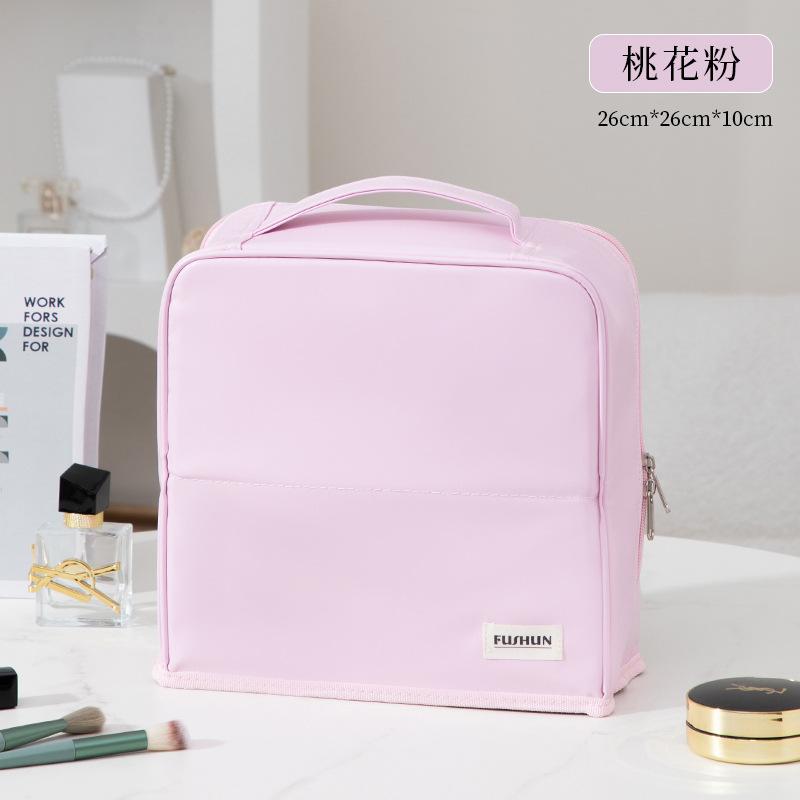 Hanging Makeup Case with Mirror, Large Capacity Travel Toiletry Bag, Trunk Organizer with Stand-Up Base & Brush Holder
