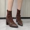 Metal Belt Buckle Spliced Suede Block Heel Single Boots Women's Fashion Pointed Toe Rear Zip Shortho Boots