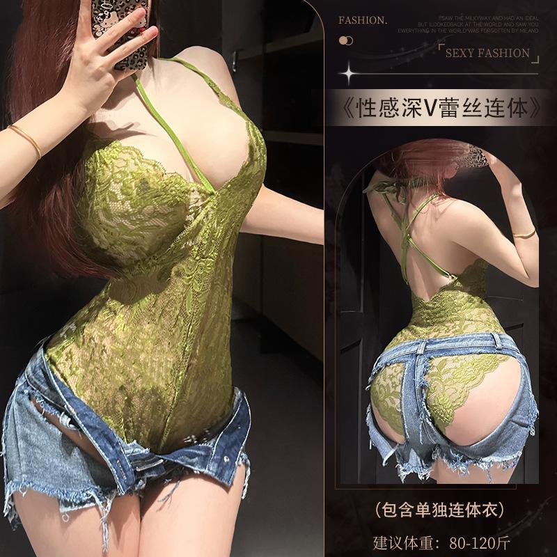 Sexy lingerie sexy lace pure desire neck sling deep one-piece mood pajamas buttocks uniform temptation