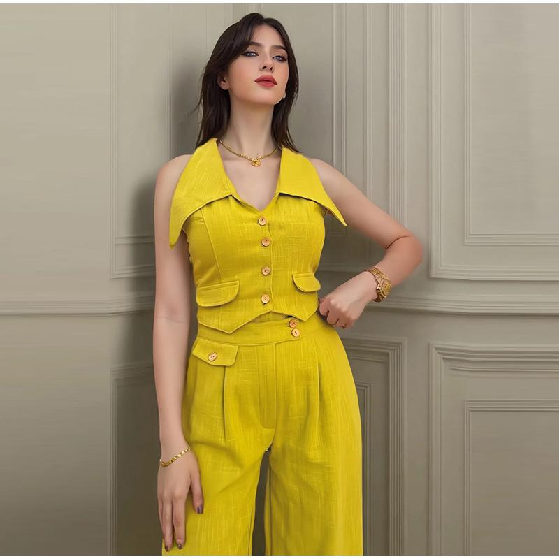 2025 spring and summer new women's solid color blouse sleeveless waist two-piece casual trousers suit