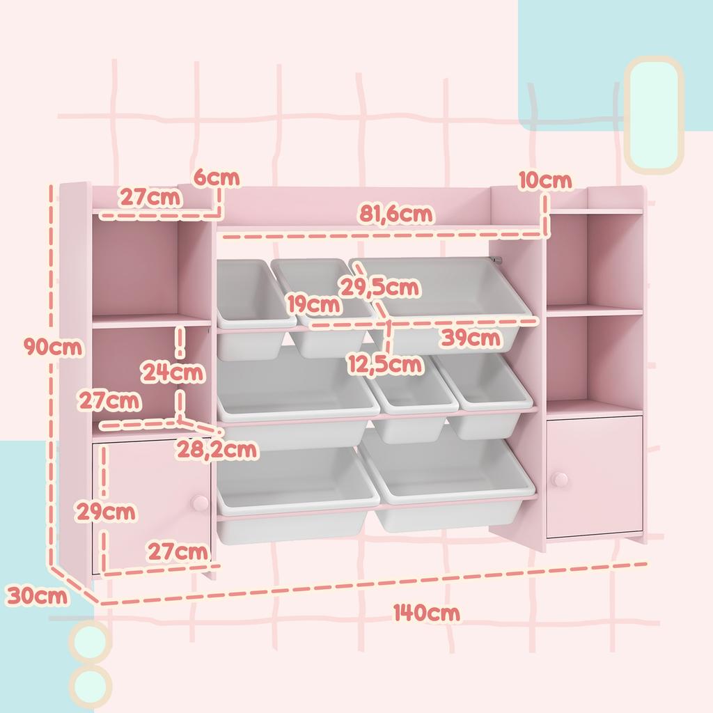 Children's Storage Unit, Toy Storage Shelf, 8 Removable Bins, 140 x 30 x 90 cm, Pink