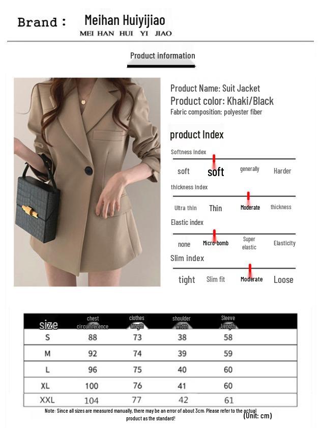Women's Khaki Slim-Waist Suit Jacket - Korean & Hong Kong Style, Retro, Medium-Long for Spring & Autumn