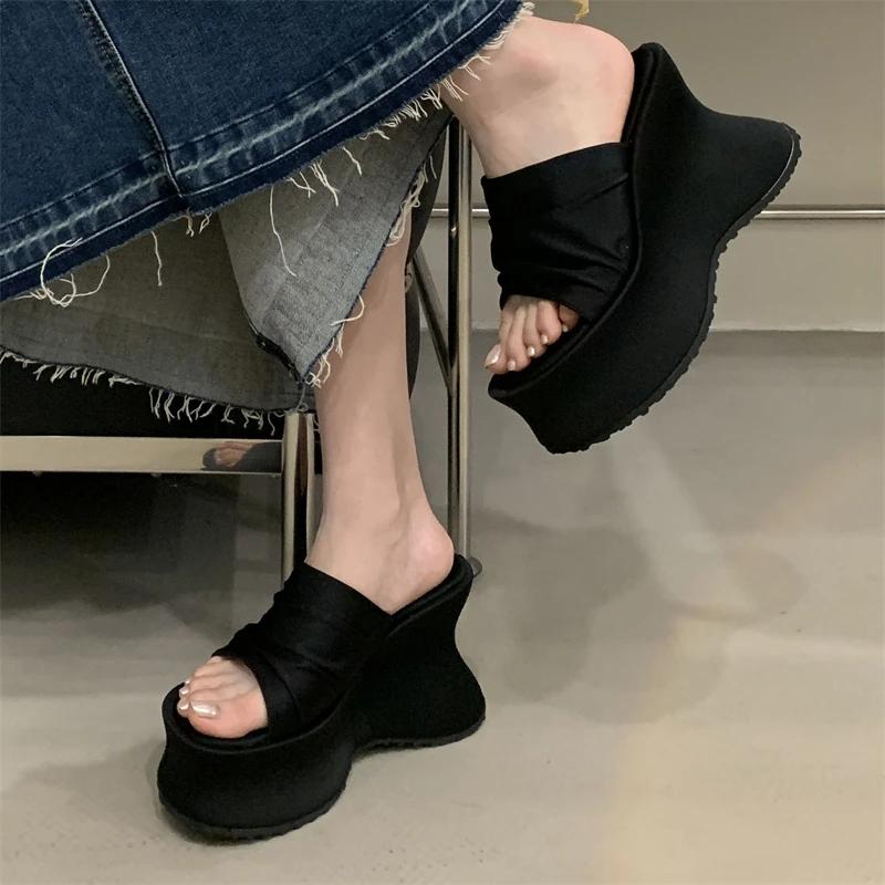 Eilyken Summer Design Pleated Leopard Print Platform Wedges Slippers Women's Open Toe Chunky Heels Party Slide Shoes